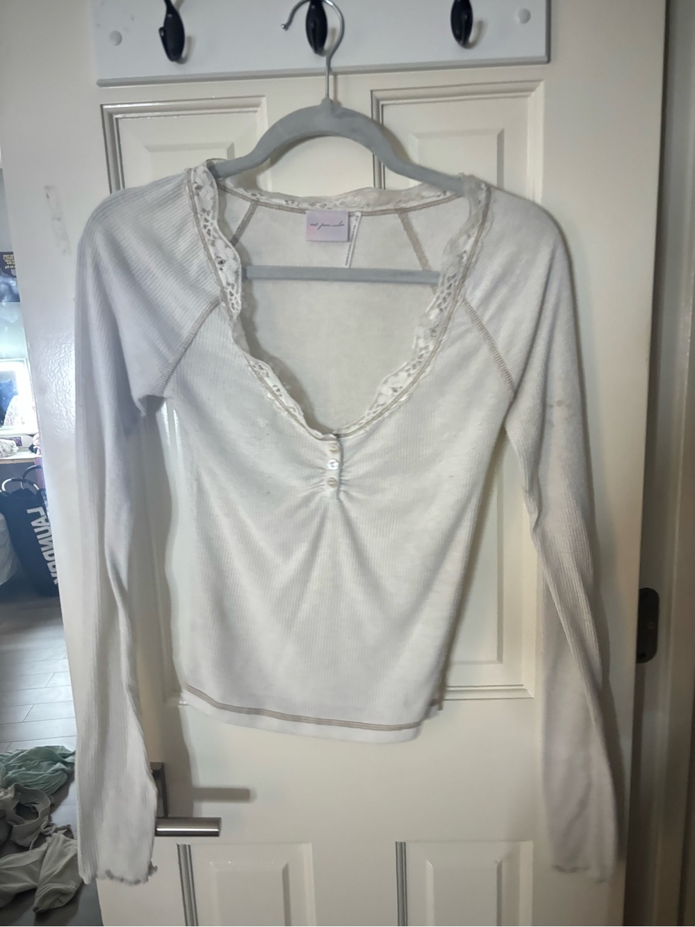 Free People Cream Lace-Trim Ribbed Henley Long Sleeve Top